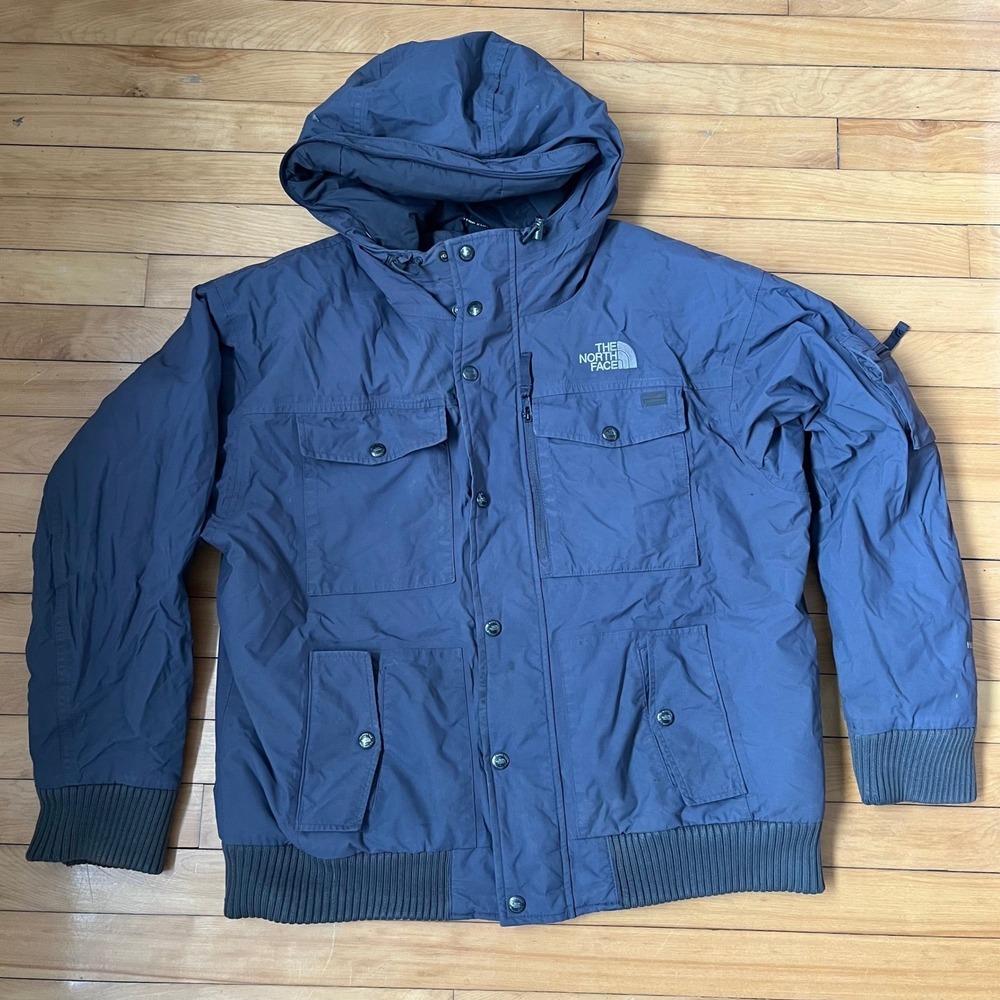 The North Face Mens Blue Hooded Vintage Bomber Parka Jacket Large  Multi-Pocket
